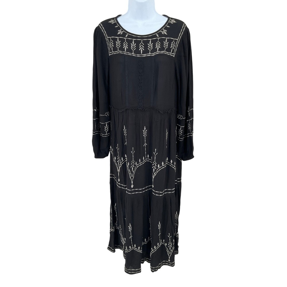 Knox Rose Midi Dress Womens XS Black Embroidered Boho Tiered Prairie Indie Artsy